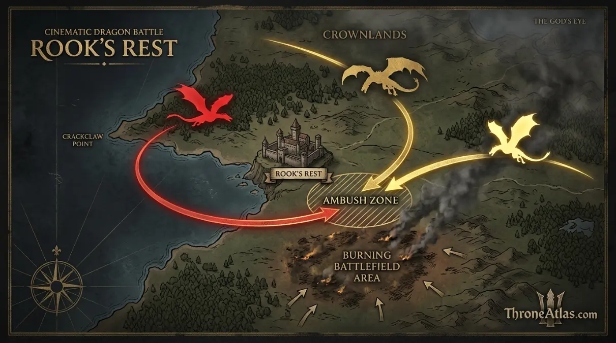 Rook's Rest dragon battle map featuring Meleys, Sunfyre, and Vhagar flight paths
