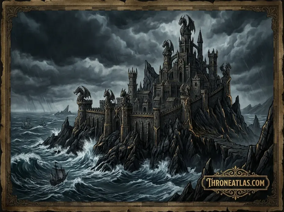 Dragonstone island fortress rising from volcanic rock in the Narrow Sea &mdash; ancestral Targaryen castle with dragon-carved stone towers
