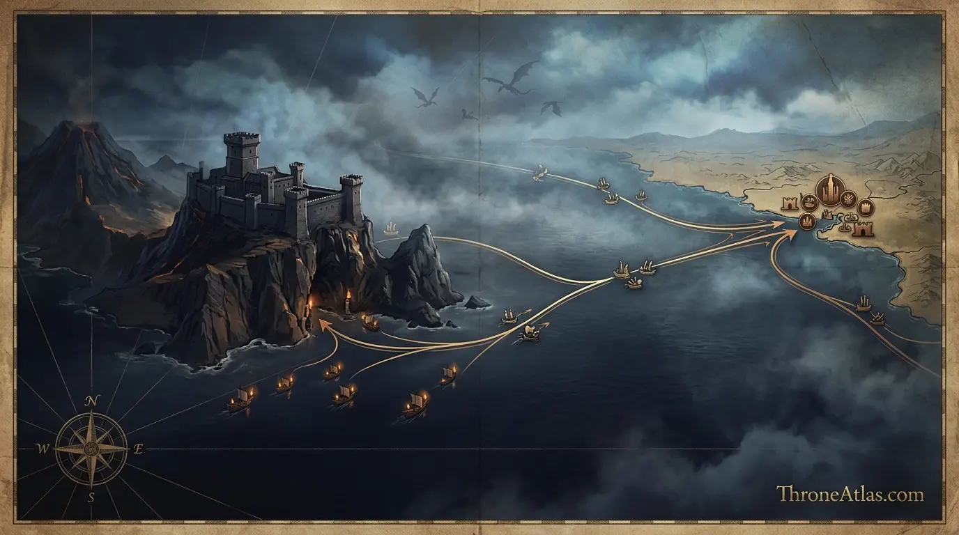 Dragonstone to Westeros route concept showing a medieval fortress landscape for Aegon's Conquest and the founding of King's Landing