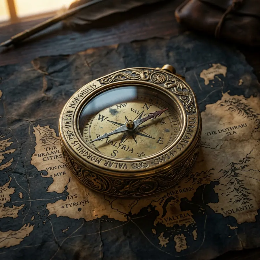 Aged parchment world map texture used as the Essos atlas compass overlay