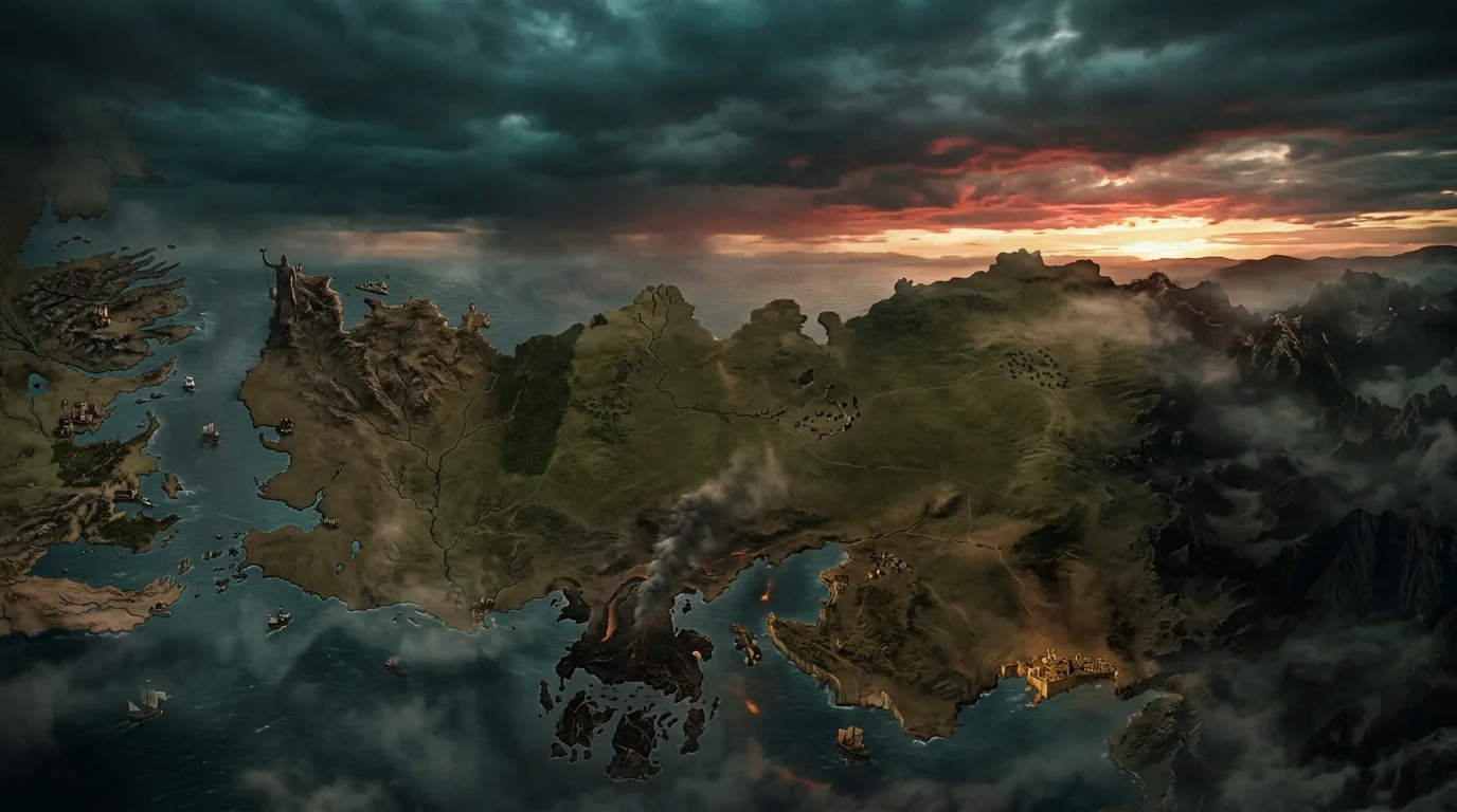 Wide aerial view of ancient sand dunes and desert trade routes evoking the vast Essos map landscape from Game of Thrones