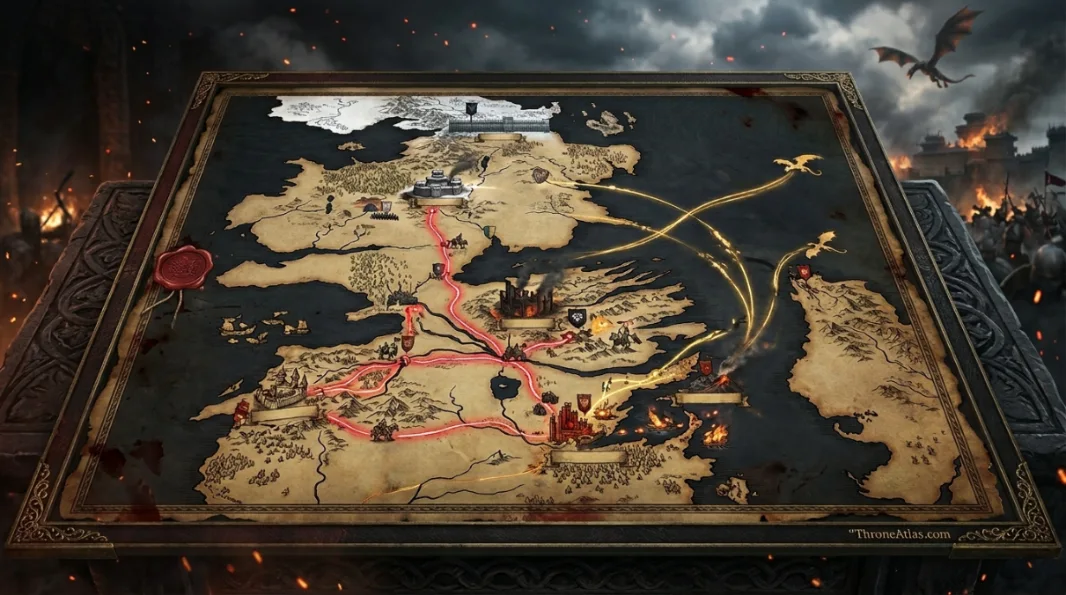 Game of Thrones battles map showing Winterfell, Blackwater, Trident, Hardhome, and dragon war routes across Westeros