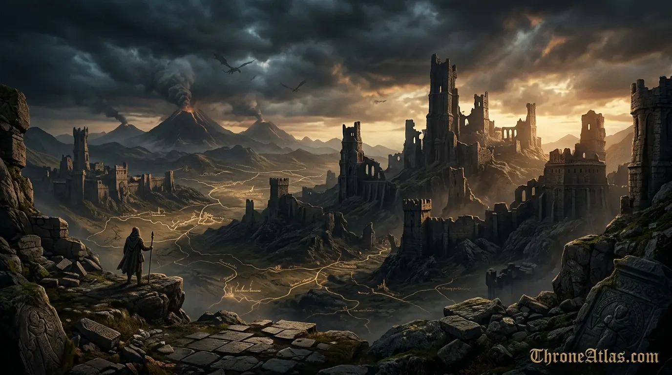 Ancient ruined fantasy landscape representing Game of Thrones lore, Valyria, dragons, prophecy, and lost history
