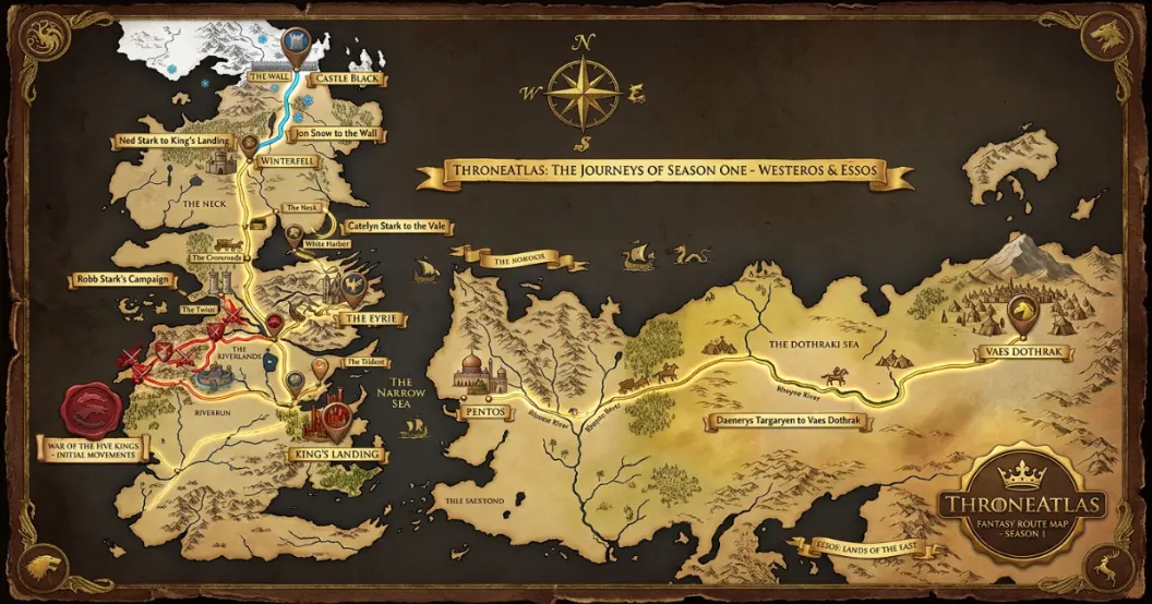 Map of Game of Thrones Season 1 showing Winterfell, King's Landing, Castle Black, the Riverlands and Daenerys route across Essos