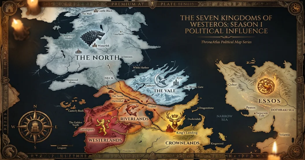 Game of Thrones Season 1 political control map showing Stark North, Lannister influence, Baratheon crown and Targaryen exile in Essos