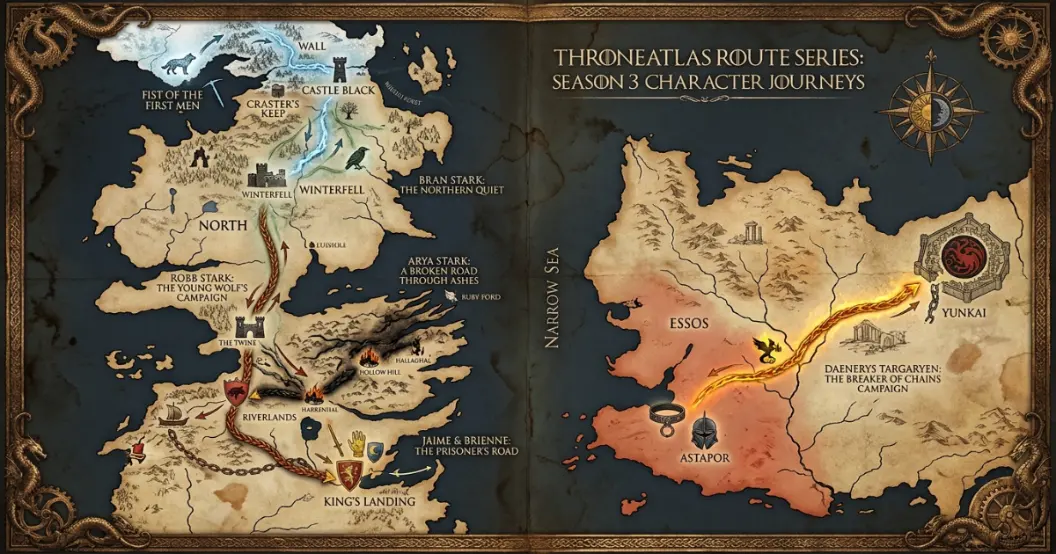 Game of Thrones Season 3 character routes map with Robb Stark, Arya Stark, Jon Snow, Jaime Lannister, Brienne and Daenerys marked across Westeros and Essos