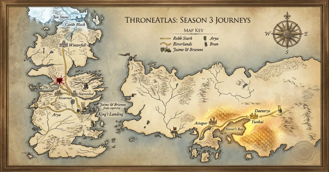 Game of Thrones Season 3 full route map showing Robb Stark to The Twins, Jon Snow beyond the Wall, Arya in the Riverlands and Daenerys through Slaver's Bay