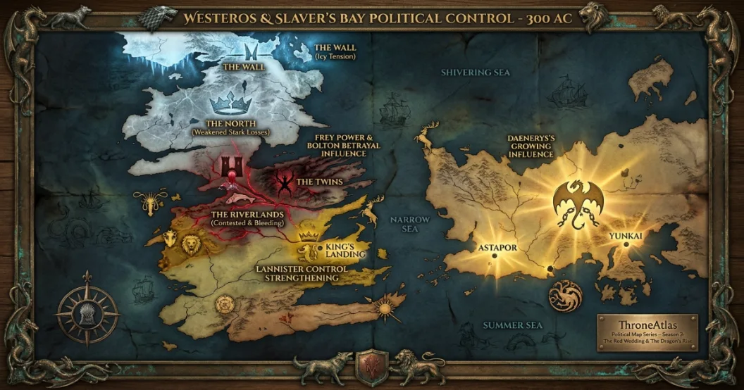 Game of Thrones Season 3 political control map showing Stark collapse in the Riverlands, Lannister influence, Frey power at The Twins and Daenerys in Slaver's Bay