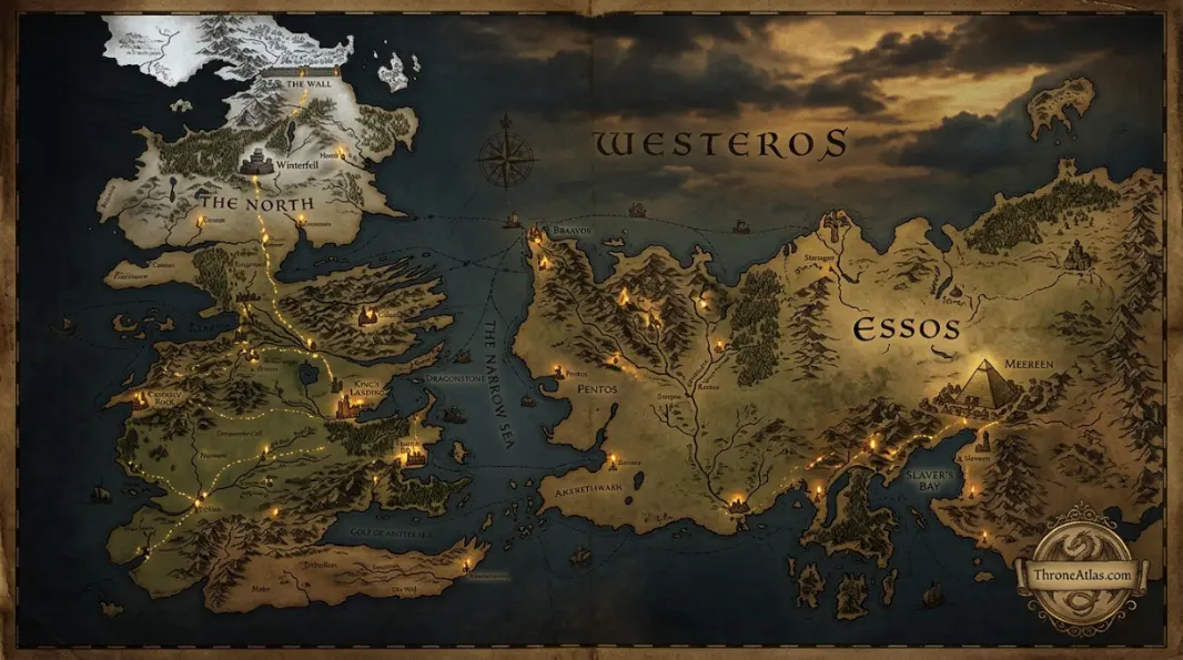 Cinematic landscape of Westeros &mdash; the known world of Game of Thrones with mountains, ancient castles, and northern tundra