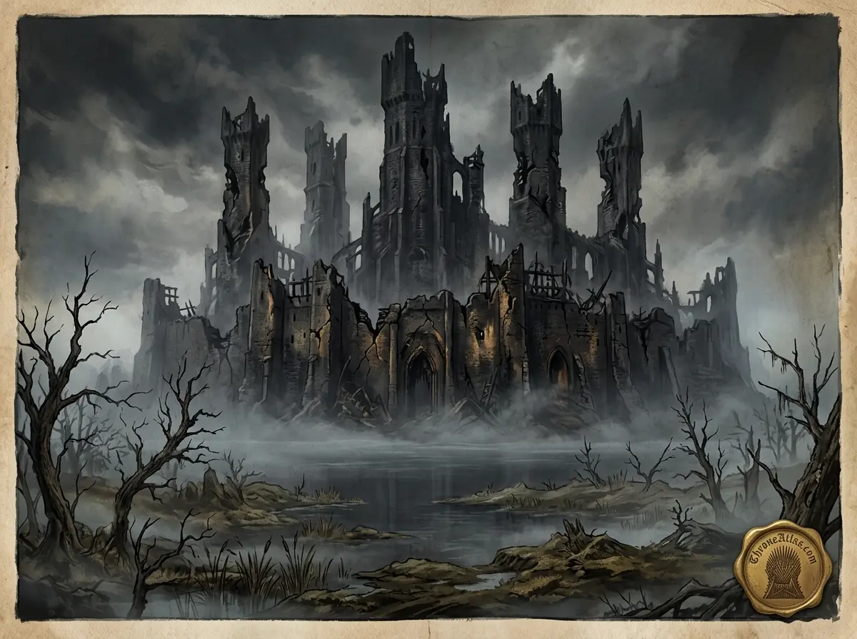 Harrenhal in ruins &mdash; the enormous melted and fire-warped castle in the Riverlands, its towers cracked and blackened by dragon fire during Aegon's Conquest