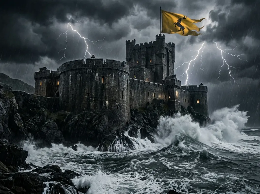 Stormy coastal fortress representing House Baratheon and Storm&rsquo;s End