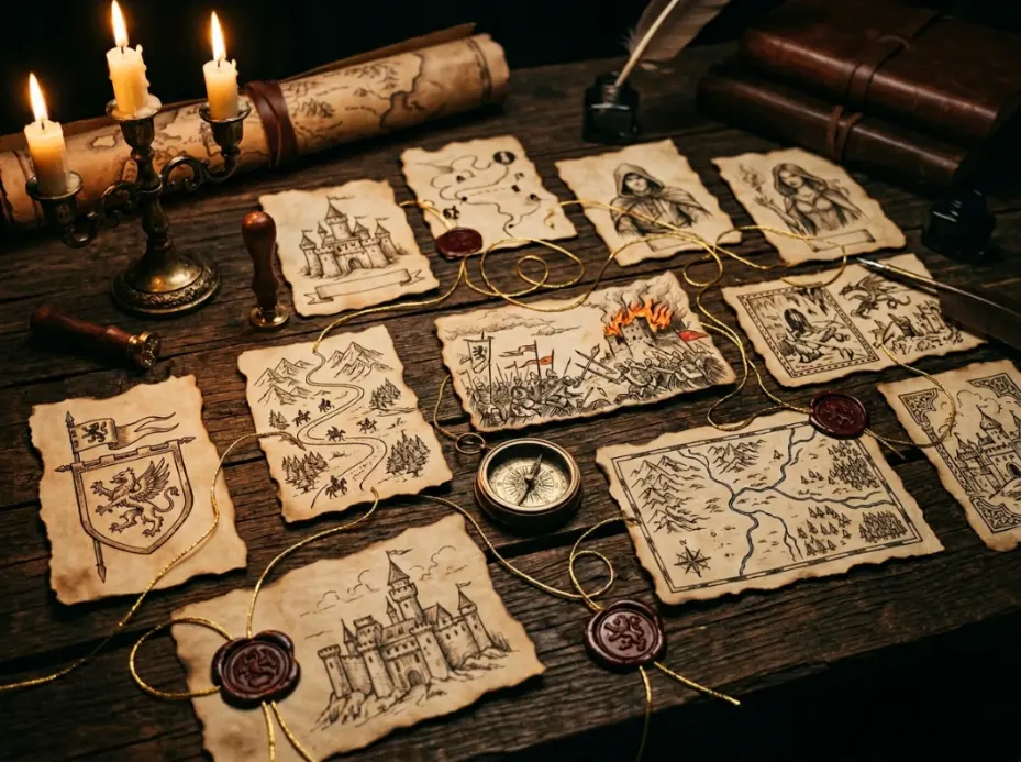 Fantasy roadmap linking noble houses to maps, characters, castles, battles, and lore
