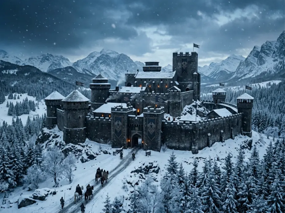 Snowy northern castle representing House Stark and Winterfell