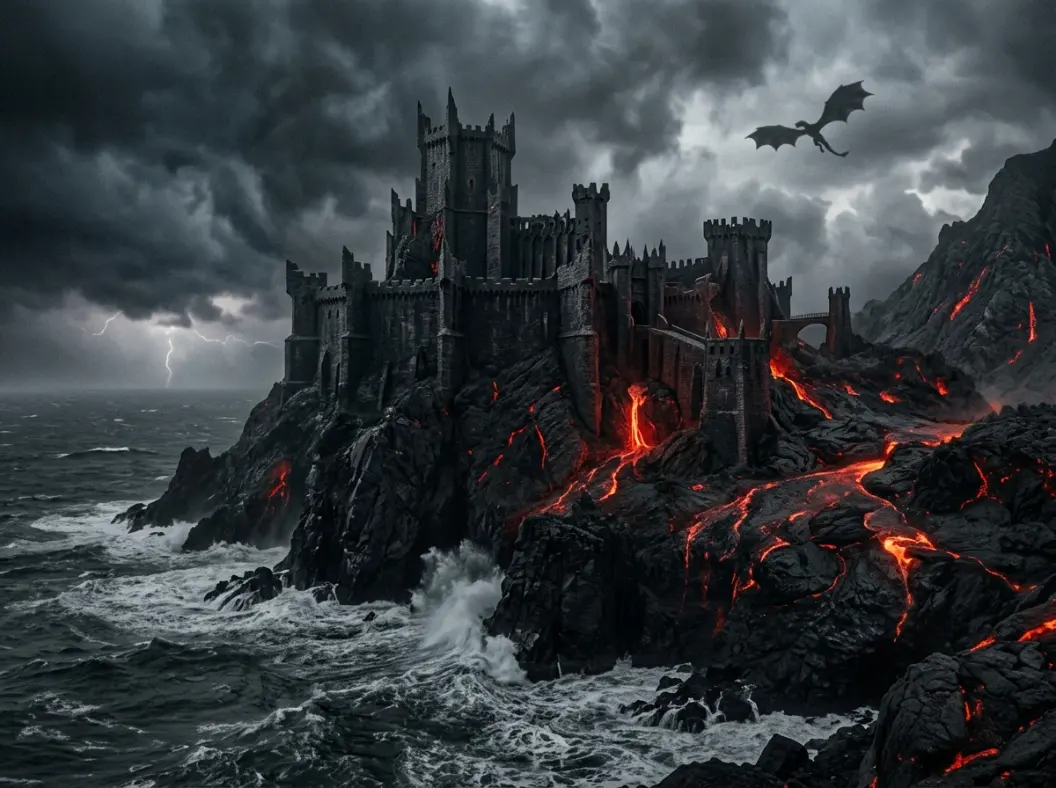 Volcanic island fortress representing House Targaryen and Dragonstone