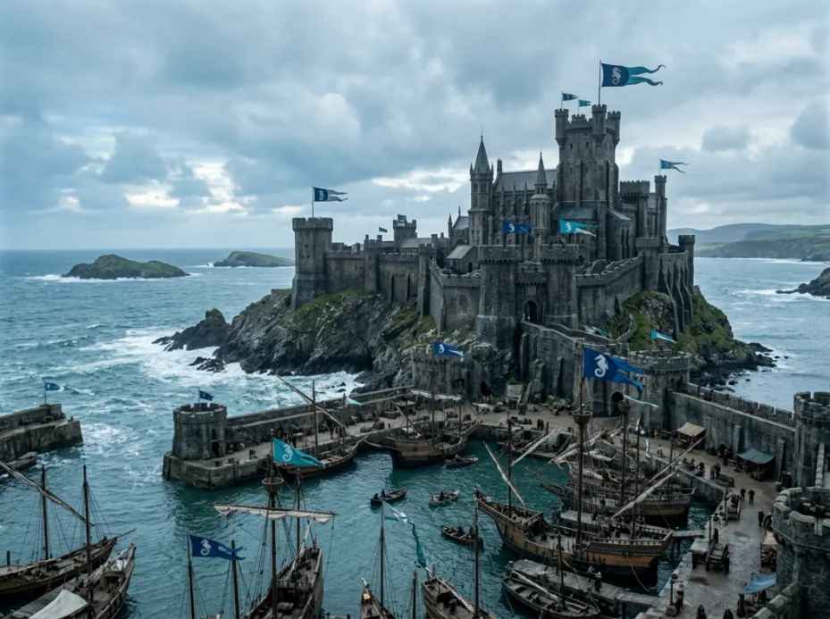 Coastal sea fortress representing House Velaryon and Driftmark
