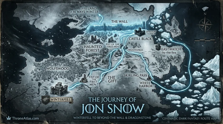 Jon Snow journey route map from Winterfell to Castle Black, Beyond the Wall, Dragonstone, and the North
