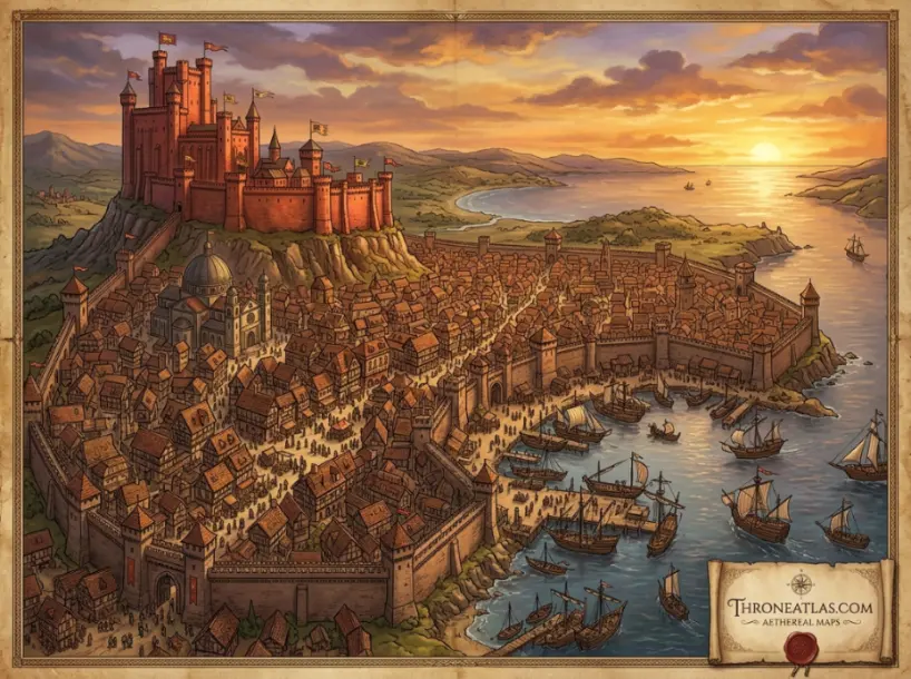 King's Landing viewed from above &mdash; the capital city of the Seven Kingdoms with the Red Keep on Aegon's Hill and the Blackwater Rush harbor