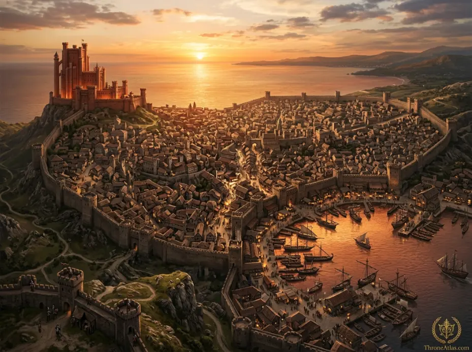 King's Landing from above &mdash; the walled capital city of Westeros at golden hour, the Red Keep perched on Aegon's Hill overlooking the Blackwater Rush bay and the densely packed streets of the city below