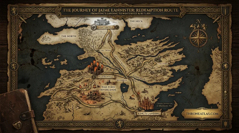 Jaime Lannister redemption route map through King's Landing, the Riverlands, Harrenhal, and Winterfell