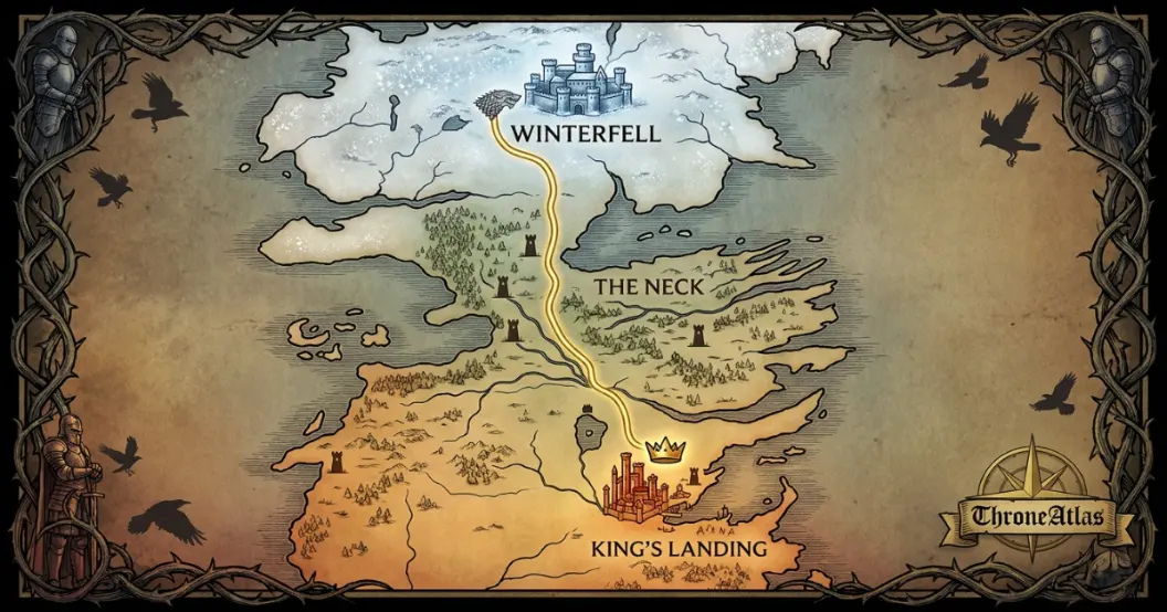 Ned Stark Kingsroad route map from Winterfell to King's Landing in Game of Thrones Season 1