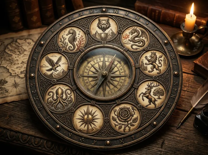 Fantasy noble house sigil disc with original medieval symbols and compass design