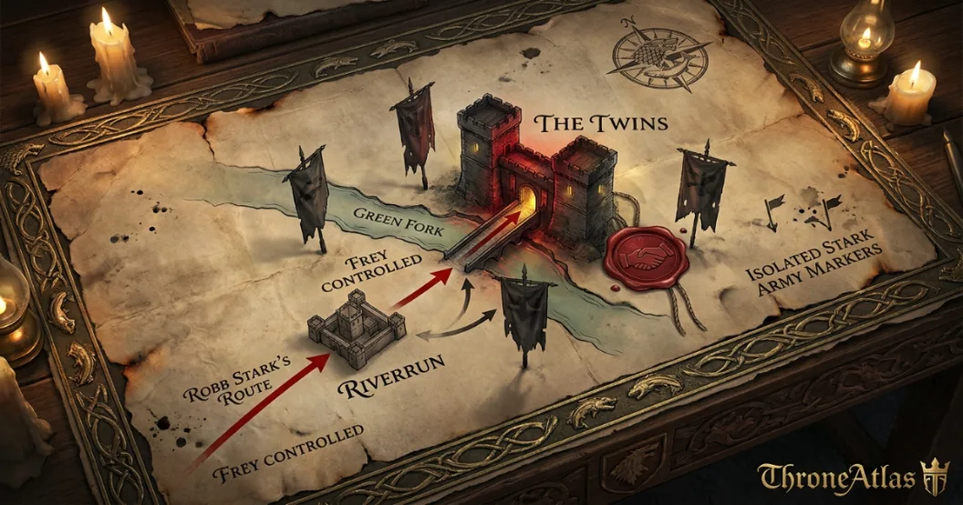Red Wedding map showing The Twins, Green Fork crossing, Frey territory and Robb Stark's Riverlands route in Game of Thrones Season 3