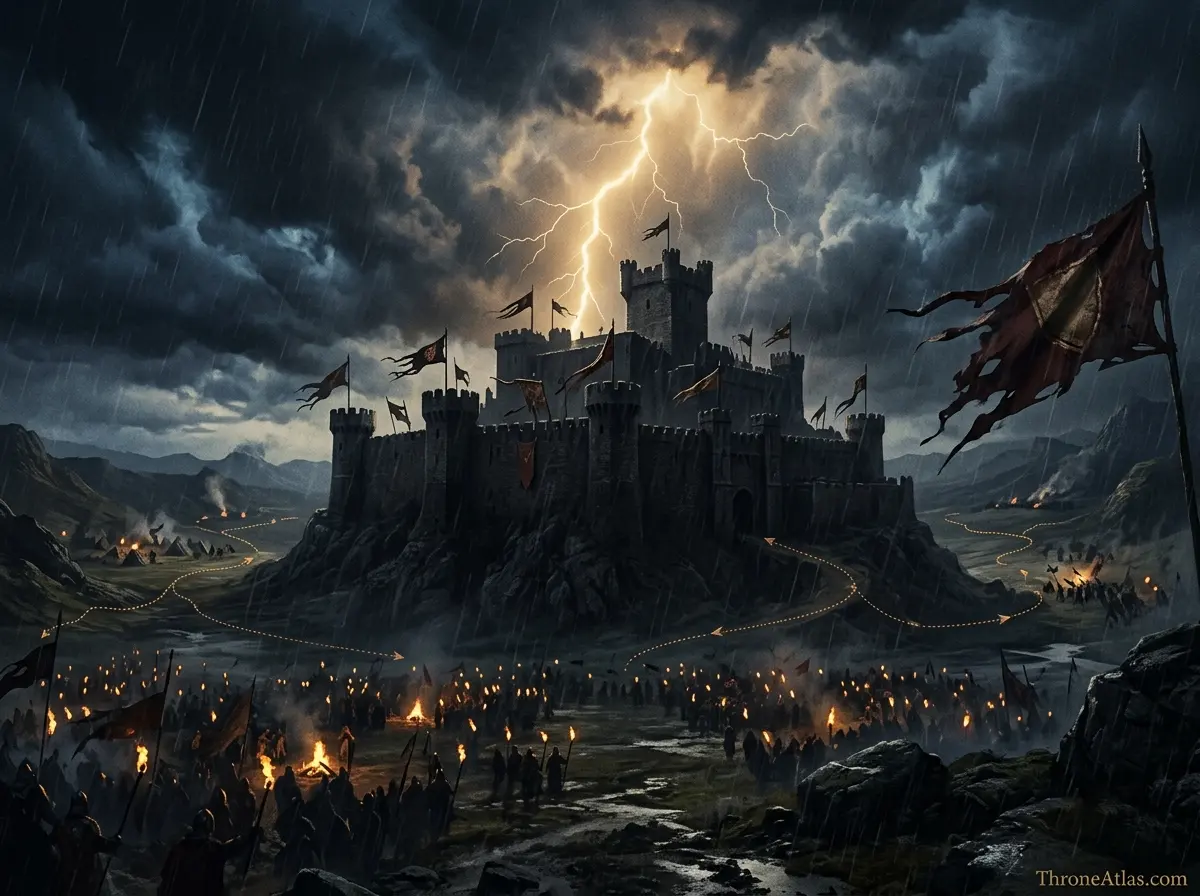 Dark stone fortress silhouette representing Robert's Rebellion, the fall of House Targaryen, and Westeros war history