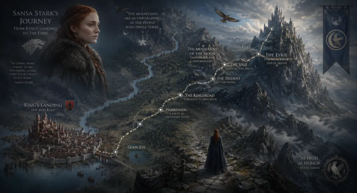 Sansa Stark's escape route from King's Landing to the Vale of Arryn and the Eyrie &mdash; House Arryn character map