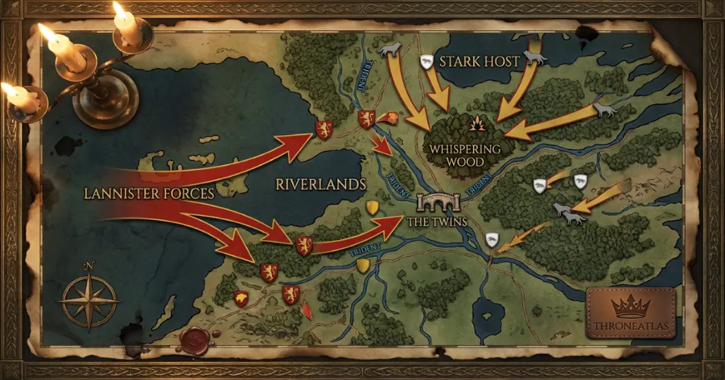 Season 1 Riverlands war map showing Whispering Wood, Stark movement, Lannister pressure and the Twins crossing