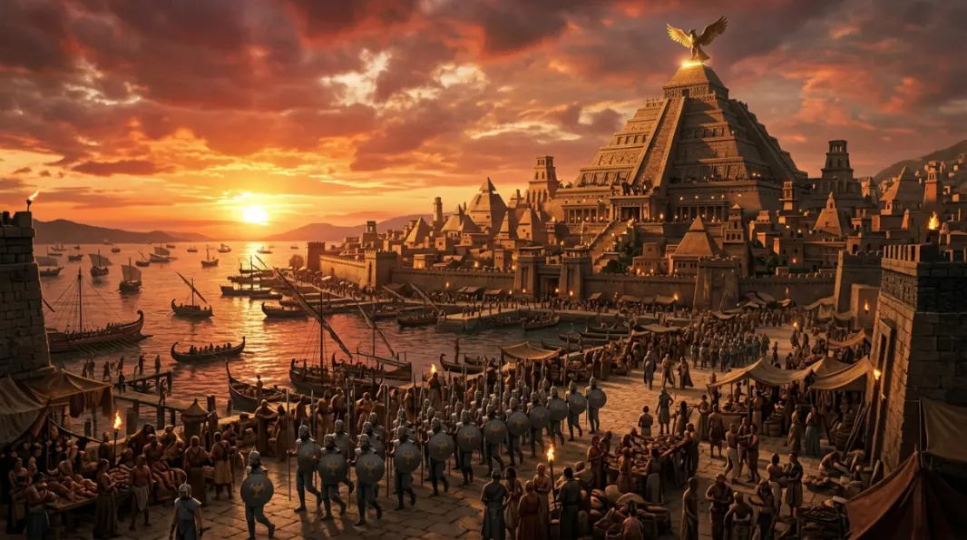 Ancient stepped pyramid city on a desert bay coastline representing Astapor or Meereen from Slaver's Bay on the Essos map