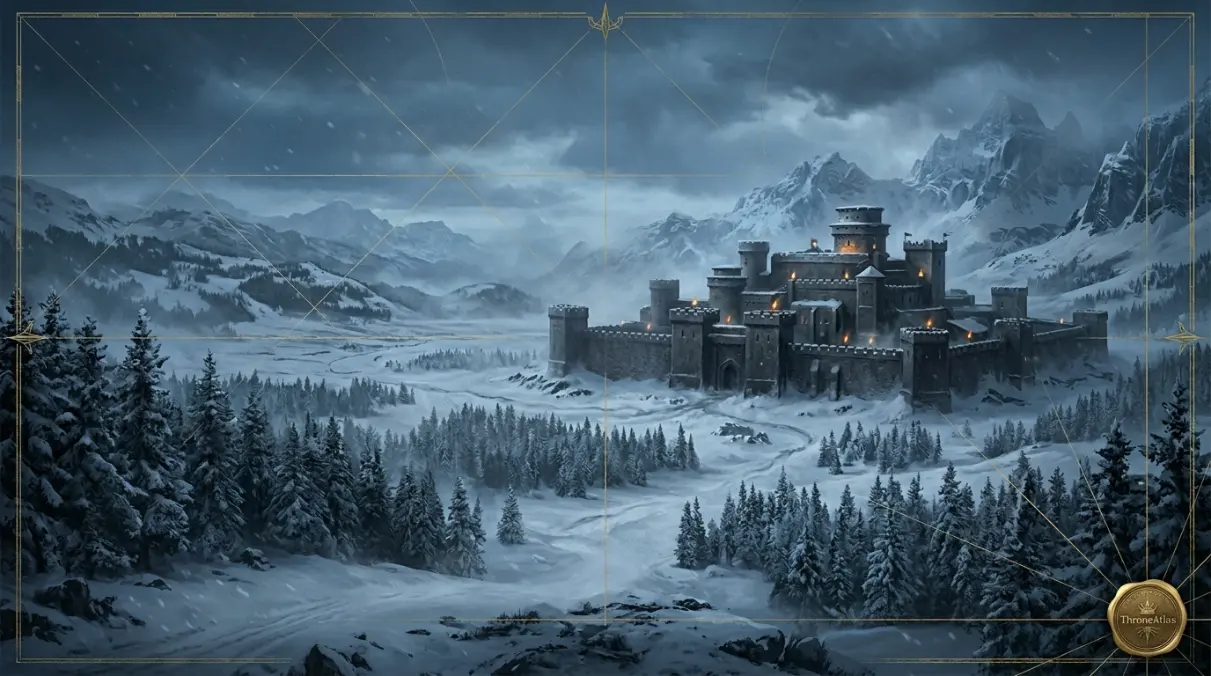 Aerial geographic overview of a vast landscape representing the complete Westeros map in Game of Thrones &mdash; showing terrain variation from icy north to warm south