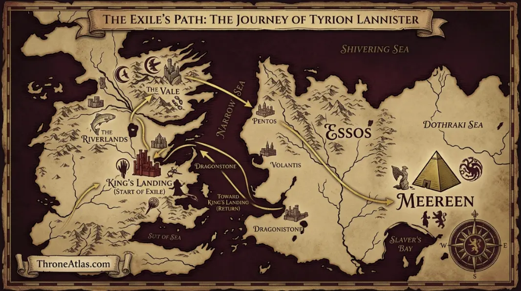 Tyrion Lannister exile route map from King's Landing through the Vale, Essos, Meereen, and Dragonstone
