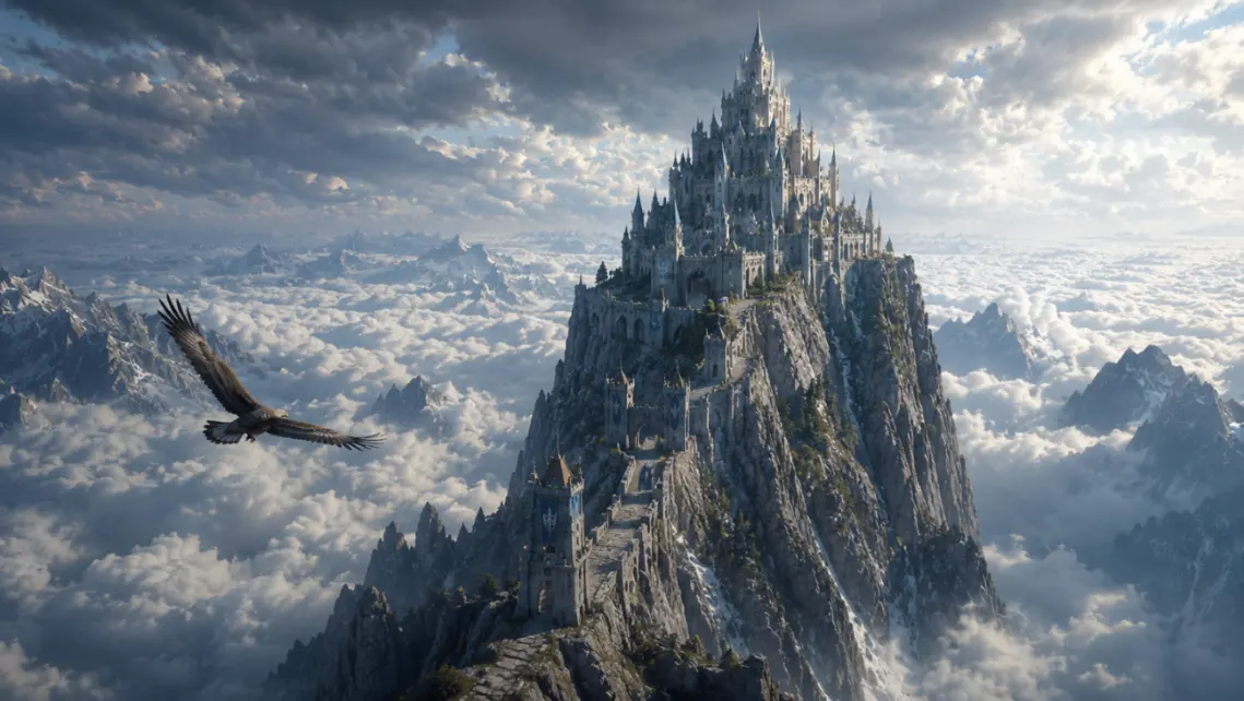 The Eyrie castle perched on a mountain peak above clouds &mdash; House Arryn's sky fortress in the Vale of Arryn, Westeros