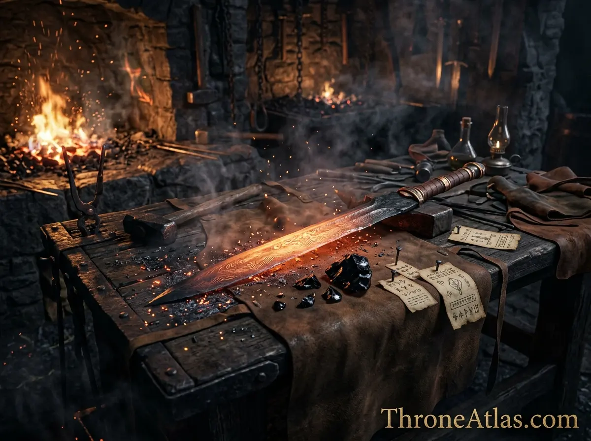 Glowing forge and dark metal texture representing Valyrian steel, dragonglass, dragonfire, and White Walker weapons