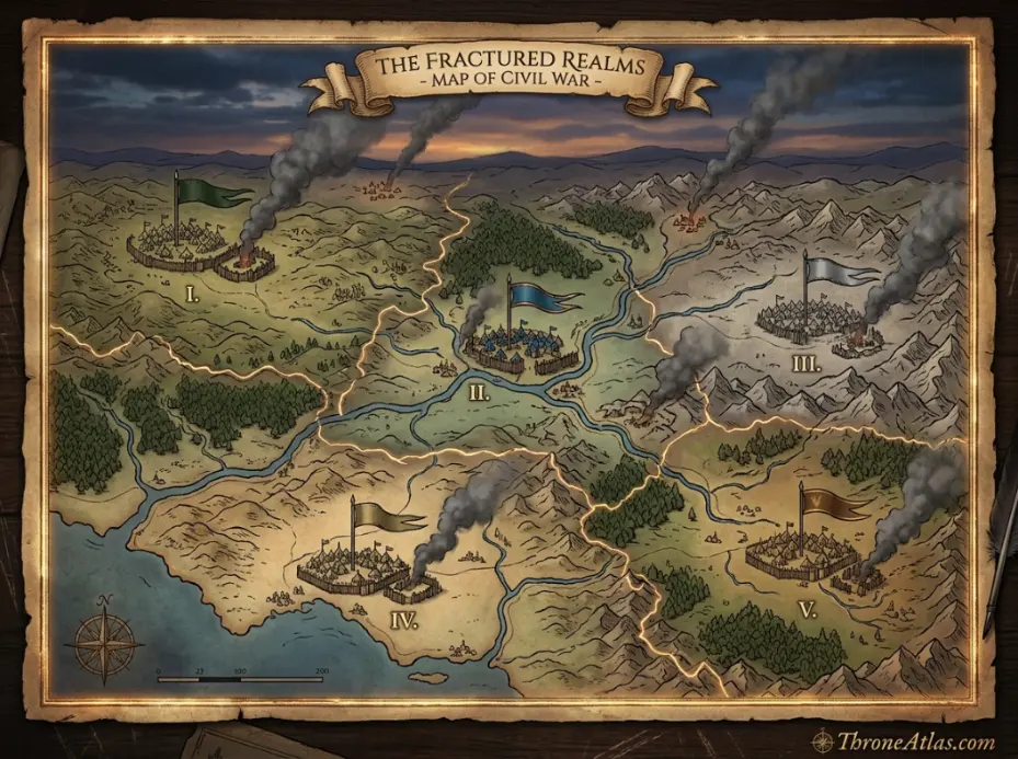 Wide dusk landscape representing the War of the Five Kings across the Riverlands, North, Crownlands, and Westeros