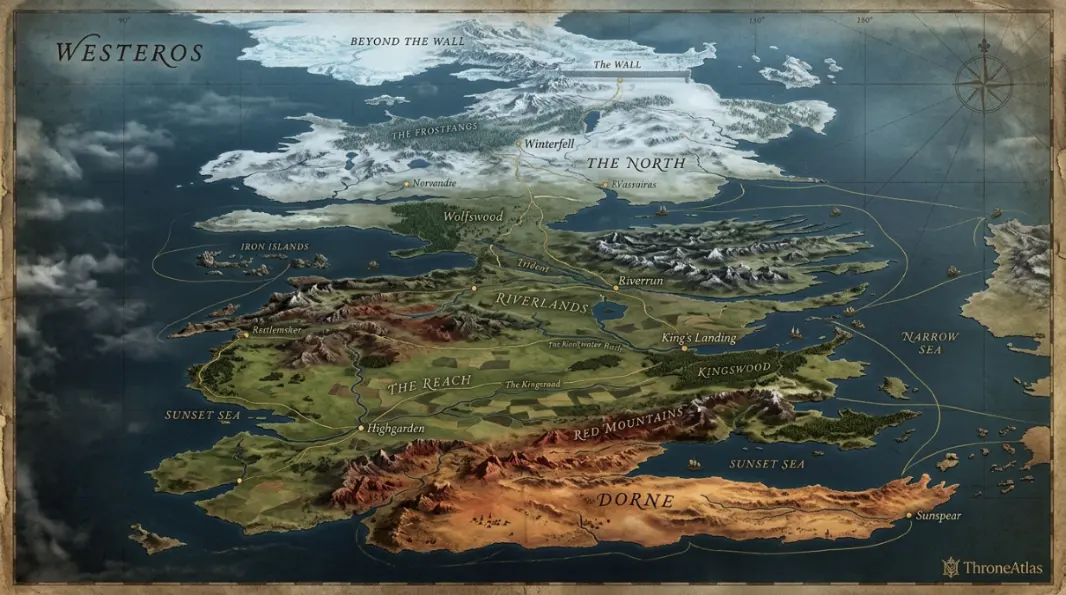 Snowy northern landscape representing The North region of Westeros, home of House Stark and Winterfell