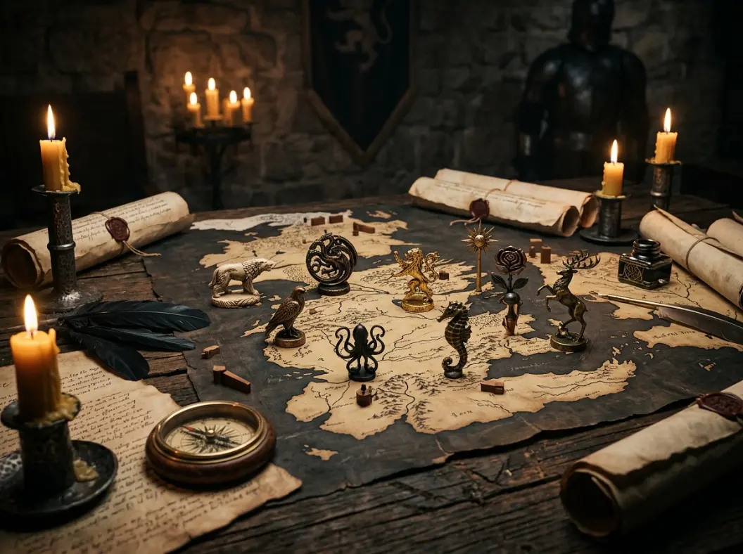 Fantasy war table showing house sigil tokens across a Westeros-inspired map