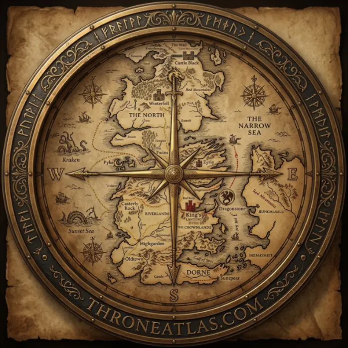 Stylized compass map of Westeros showing castle locations and the Narrow Sea dividing the known world