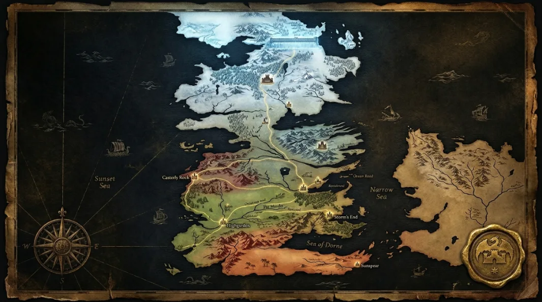 Aerial geographic view representing the vast continent of Westeros in Game of Thrones