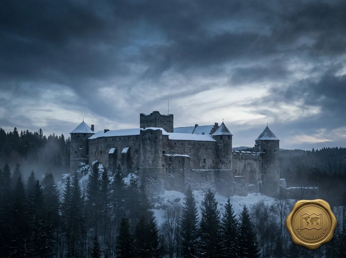 Winterfell castle in winter &mdash; the ancient seat of House Stark in the North, surrounded by snow-covered stone walls and grey sky
