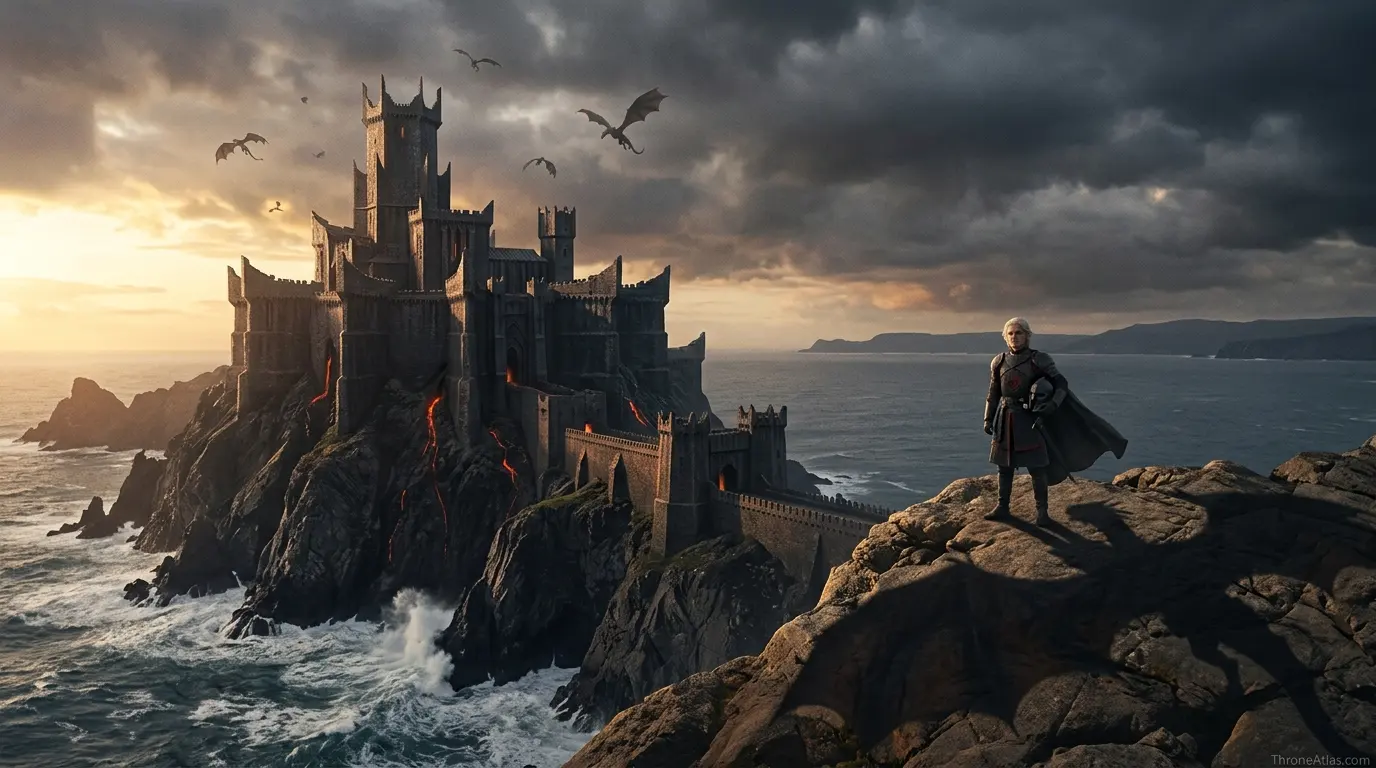 Aegon&rsquo;s Conquest map image showing stormy island coast representing Dragonstone launch point