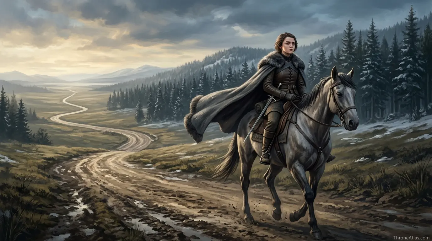 Arya Stark journey map mood image showing a dark forest road through the Riverlands