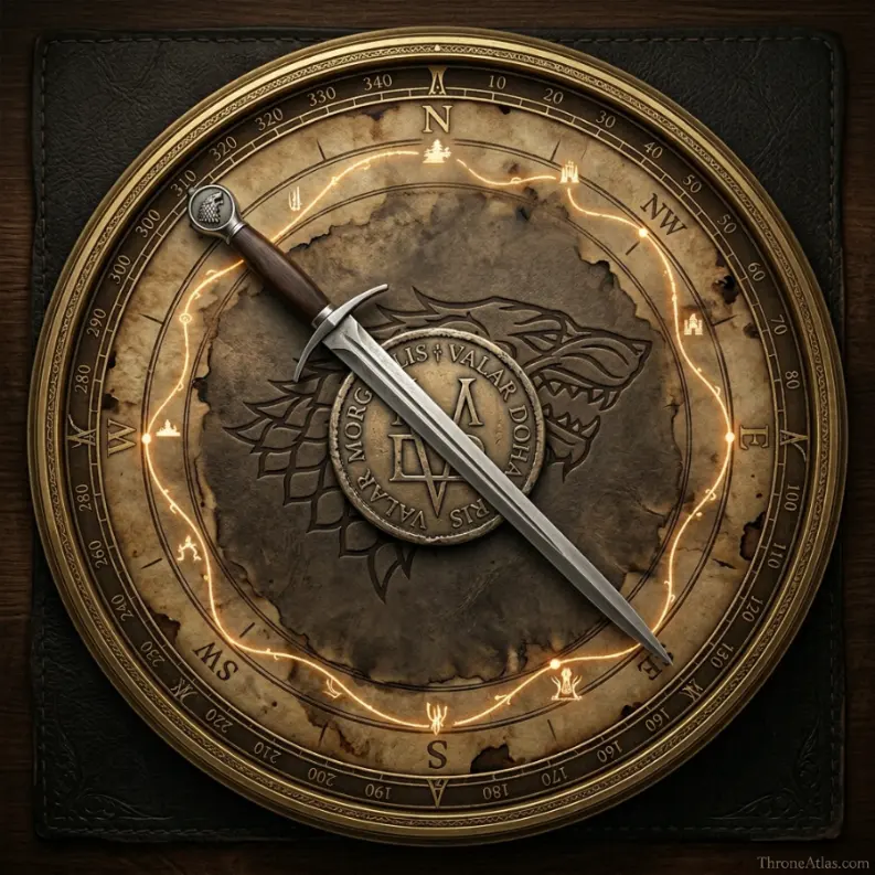 Arya Stark Journey Map compass rose for ThroneAtlas route guide