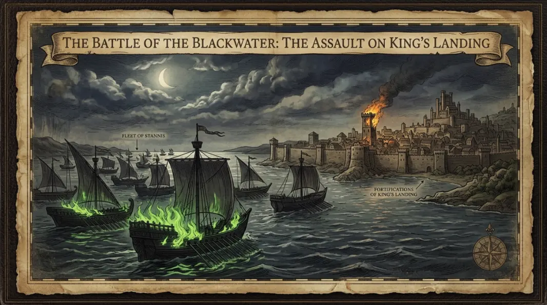 Battle of Blackwater Map cinematic atlas image for ThroneAtlas in dark gold style