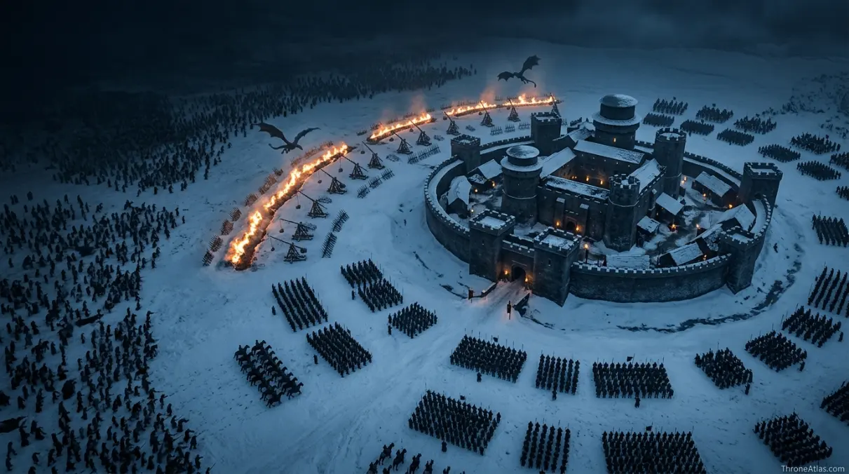 Battle of Winterfell map mood image showing a dark snowy battlefield near a northern castle