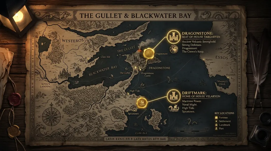 Velaryon fleet route placeholder image for Battle of the Gullet map with sea lanes