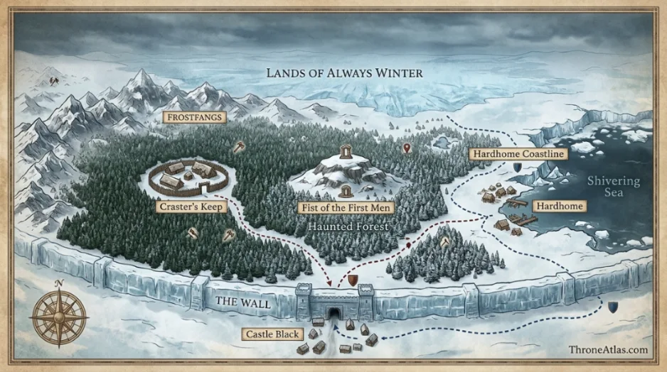 Beyond the Wall Map key location context image with medieval map atmosphere
