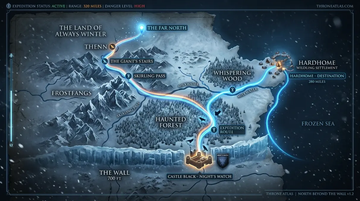 Beyond the Wall Map route and travel corridor reference image in Westeros style