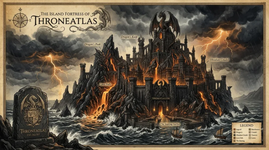 King&rsquo;s Landing harbor and Blackwater Bay route reference image with throneatlas dark map mood