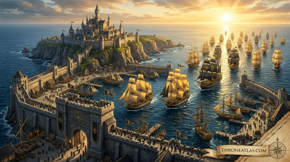 King&rsquo;s Landing harbor and Blackwater Bay route reference image with throneatlas dark map mood